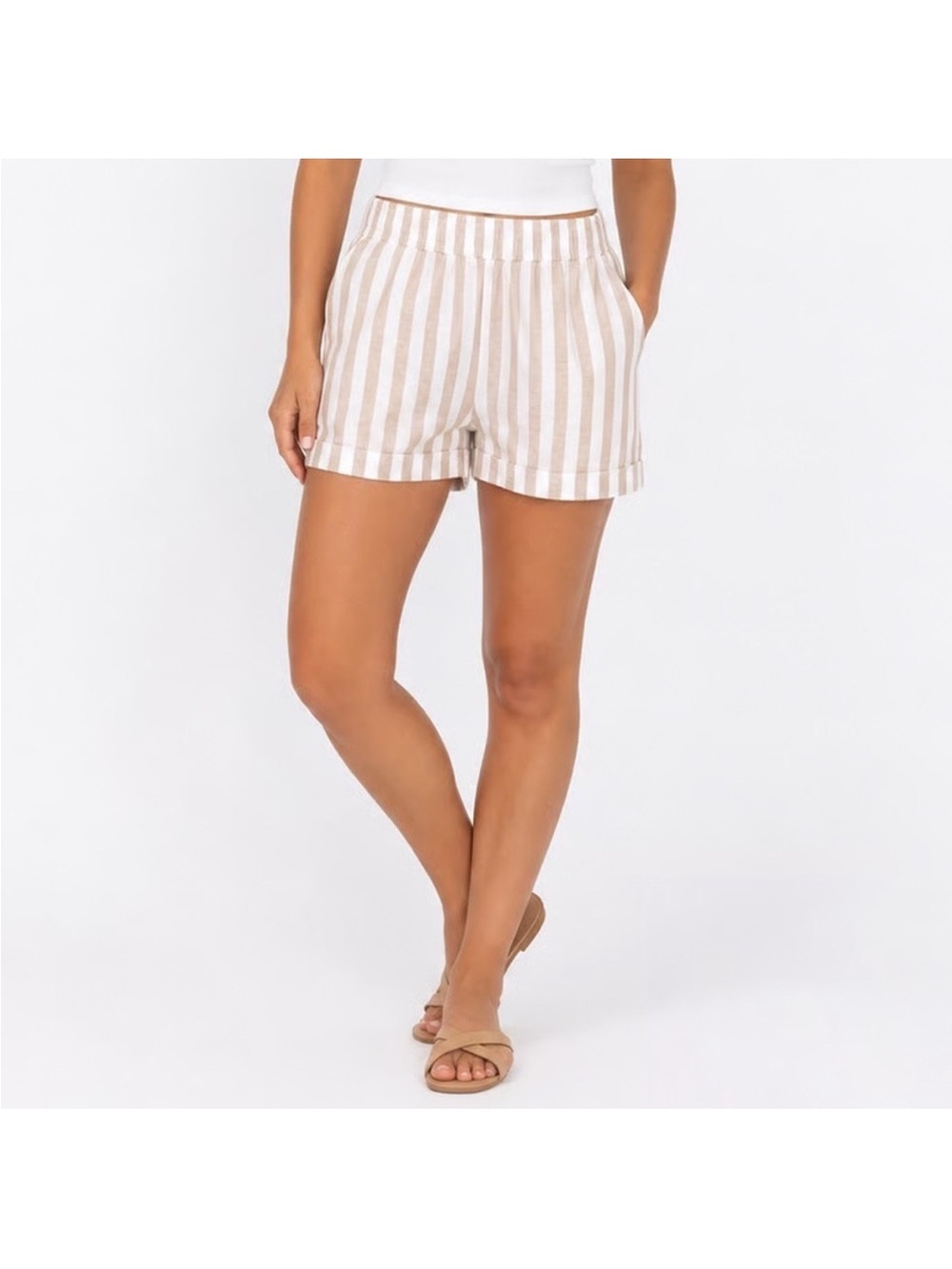 Old Navy Tan & White Striped Linen Blend Elastic Waist Shorts - Size: small